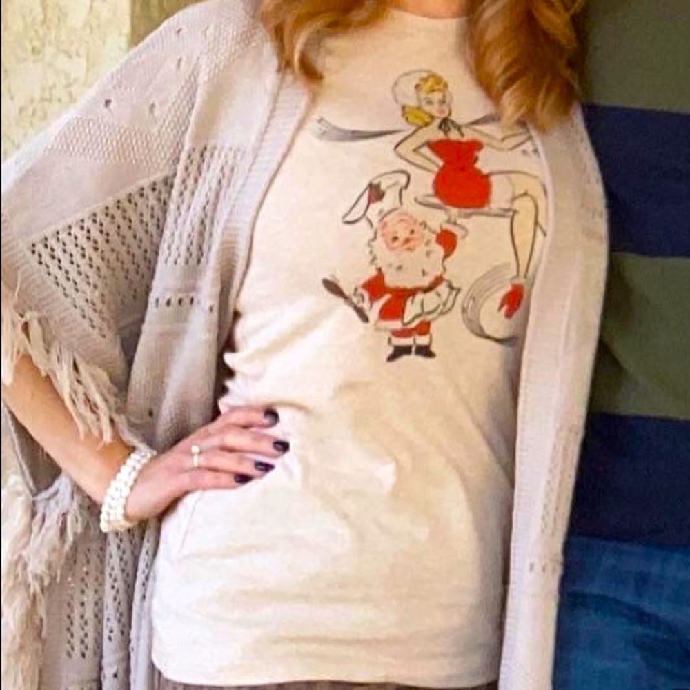 Vintage Style Christmas Tee Shirt. Pinup Girl with Santa. By Mischief Made.